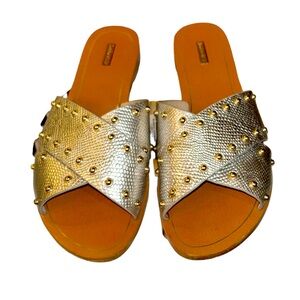 Louise et Cie Silver Studded Bonnie Woven Flat Slide Sandal